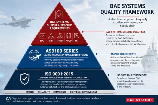 Pyramid diagram showing BAE Systems quality framework with ISO 9001