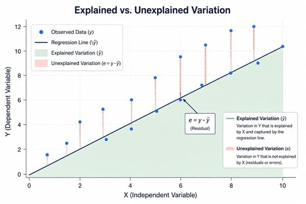 Scatter plot illustrating explained and unexplained variation in a coefficient of determination calculation