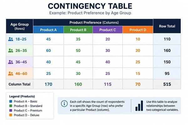 Contingency table showing categorical data used in a chi-square test