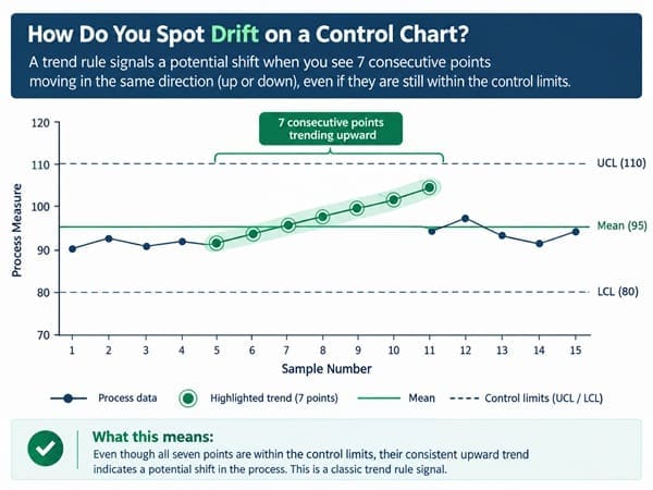 Control chart highlighting seven consecutive points trending upward as a drift signal