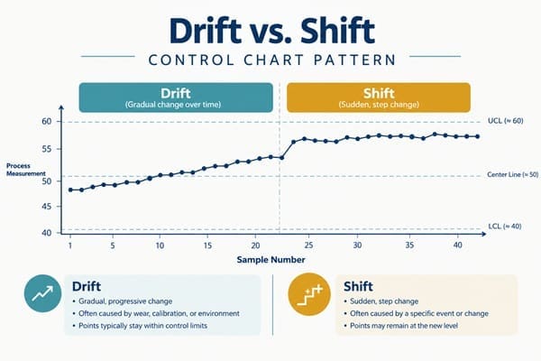 Control chart comparing a gradual drift trend line to a sudden shift step change