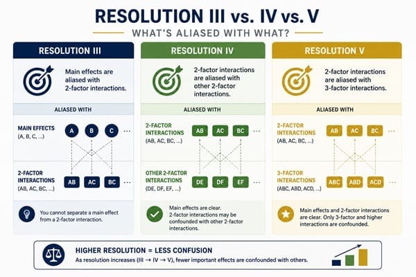 Comparison of aliasing structure in Resolution III, IV, and V fractional factorial designs
