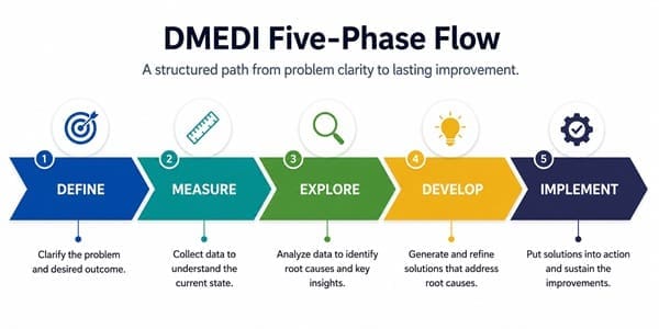 DMEDI five-phase process flow diagram: Define, Measure, Explore, Develop, Implement