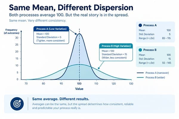 Chart showing two data distributions with the same mean but very different spread