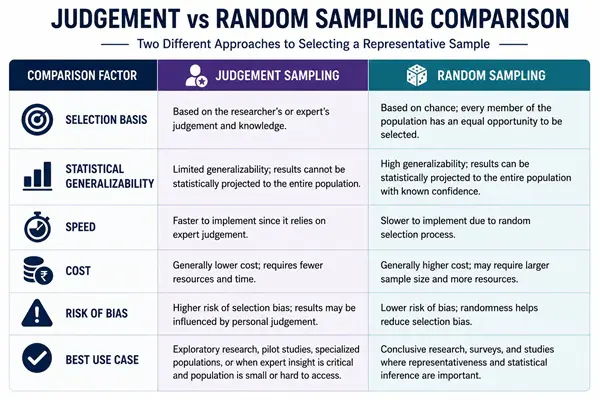 Comparison table of judgement sampling versus random sampling across six dimensions