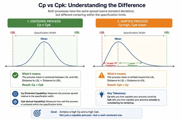 Diagram comparing Cp and Cpk using two bell curves inside specification limits