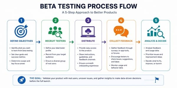 Five-step beta testing process flowchart