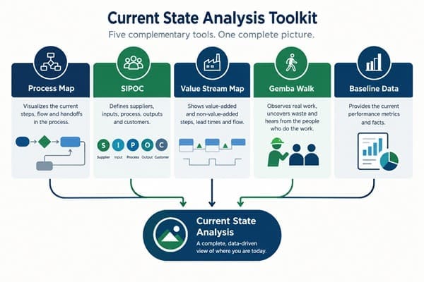 Diagram showing process mapping, SIPOC, value stream mapping, Gemba walk, and baseline data as current state analysis tools