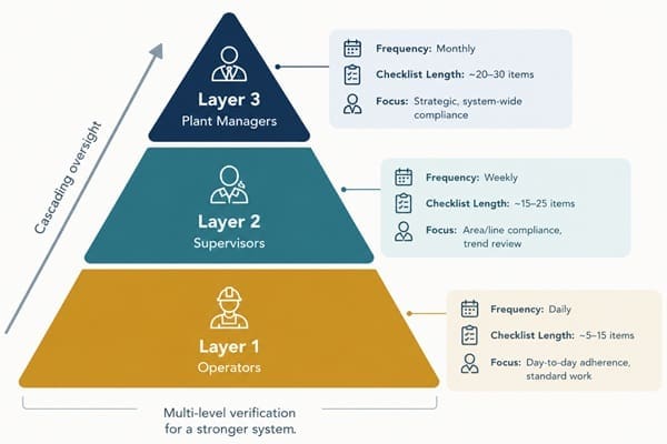Diagram showing Layer 1 operators, Layer 2 supervisors, and Layer 3 plant managers auditing at different frequencies