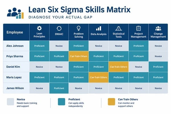 Example skills matrix showing employee proficiency levels across Lean Six Sigma competencies